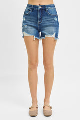Risen Tummy Control Dark Wash Distressed Shorts