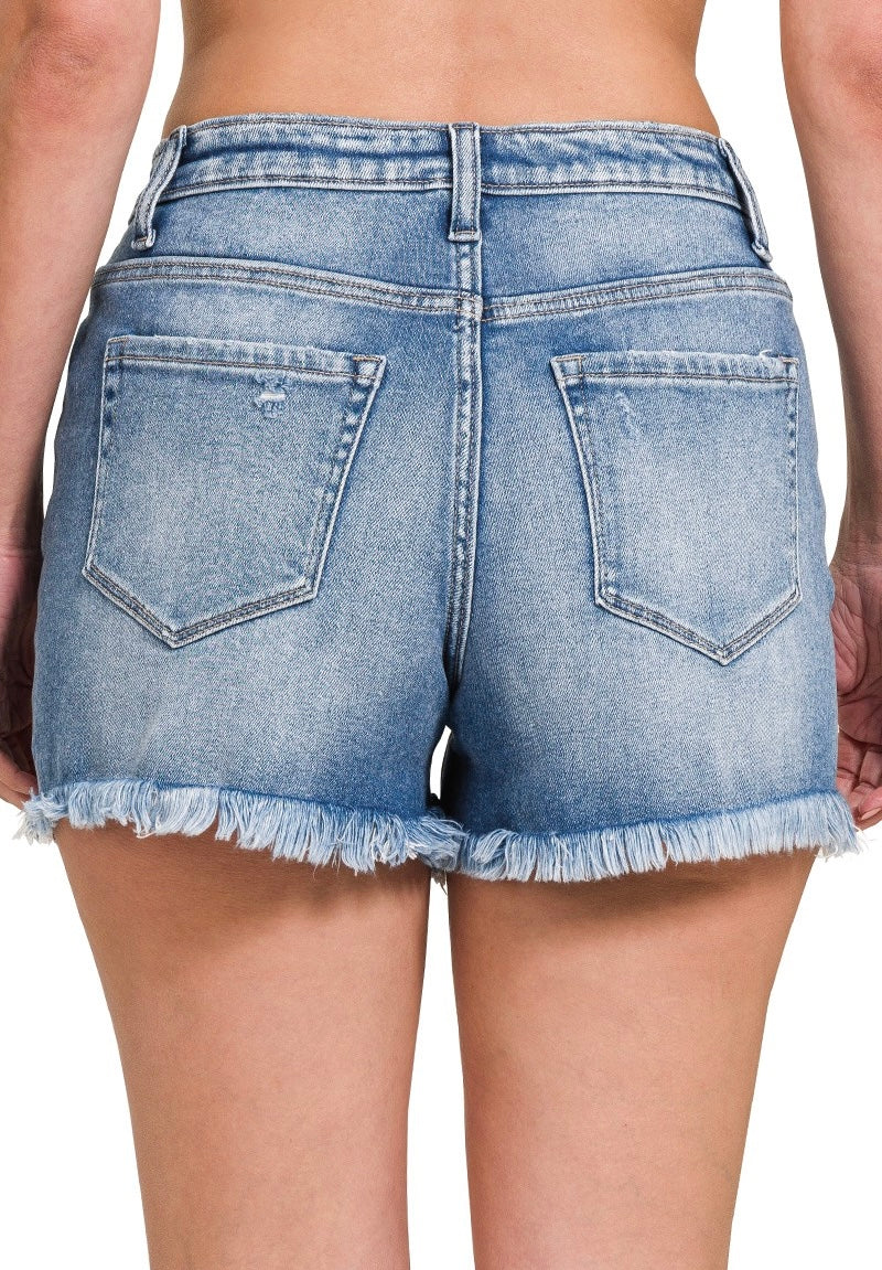 Mid Rise Frayed Hem Denim Shorts