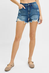 Risen Tummy Control Dark Wash Distressed Shorts