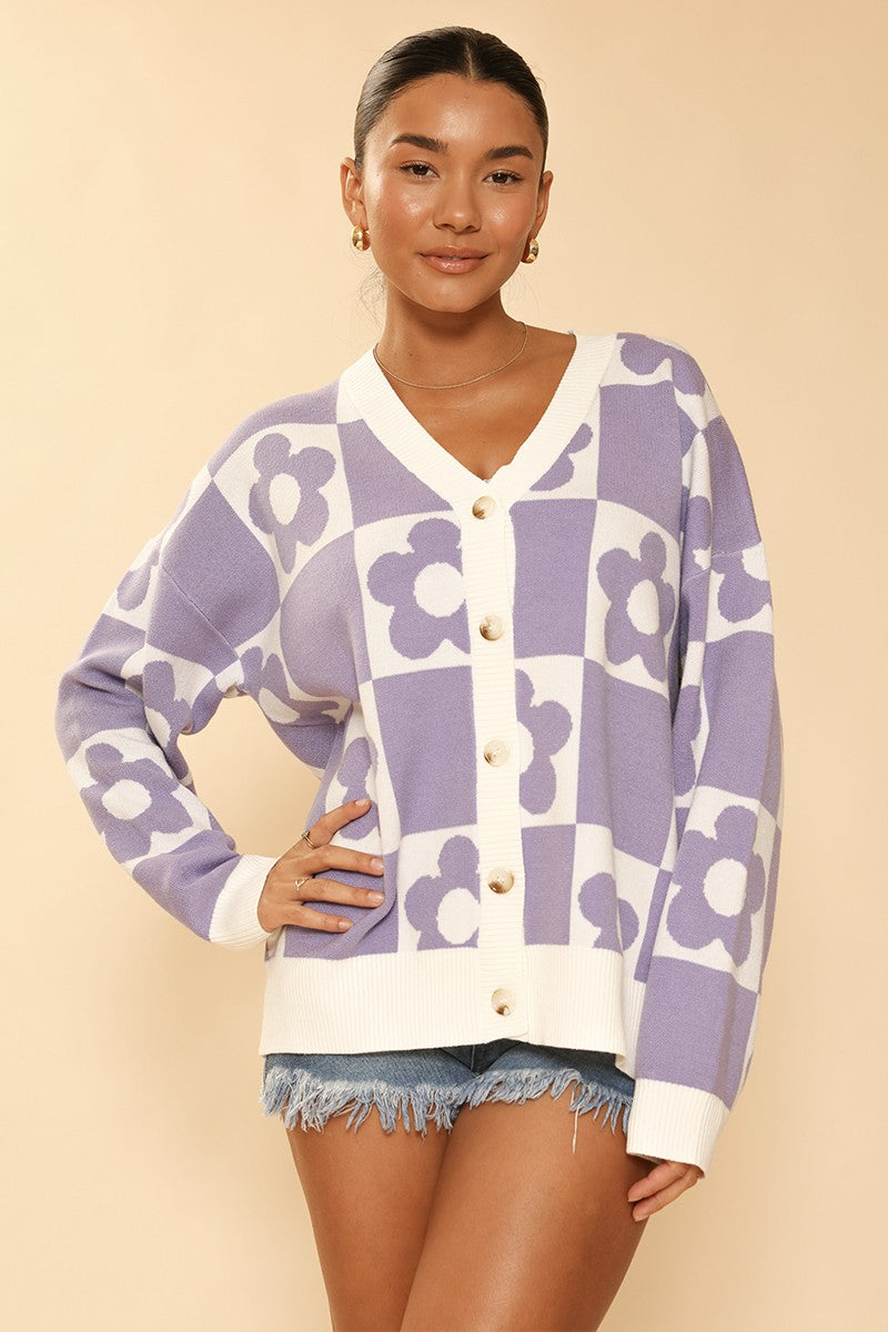 Lavendar Checkered Flower Cardigan