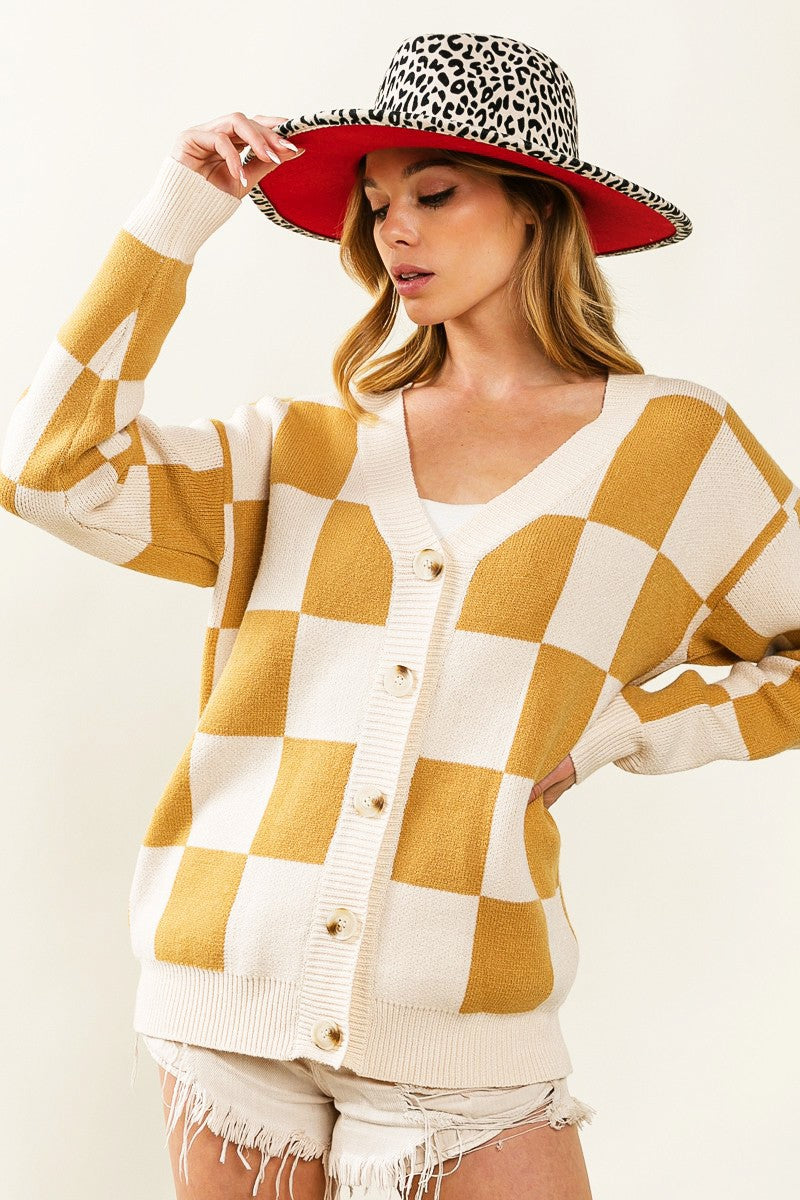 Mustard on the Beat Checkered Cardigan