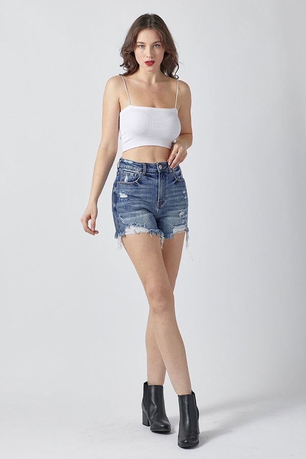 Risen Medium Wash Denim Shorts