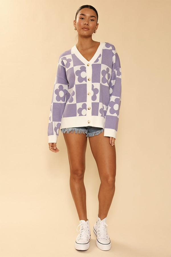 Lavendar Checkered Flower Cardigan