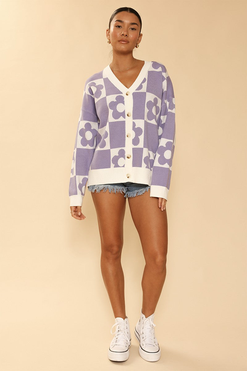 Lavendar Checkered Flower Cardigan