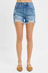 Risen Tummy Control Medium Wash Distressed Shorts