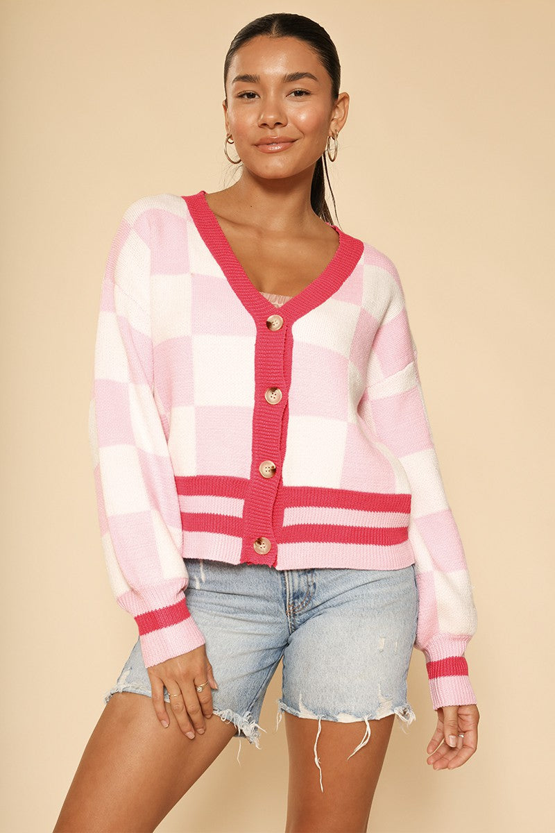 Pink Checkered Cardigan