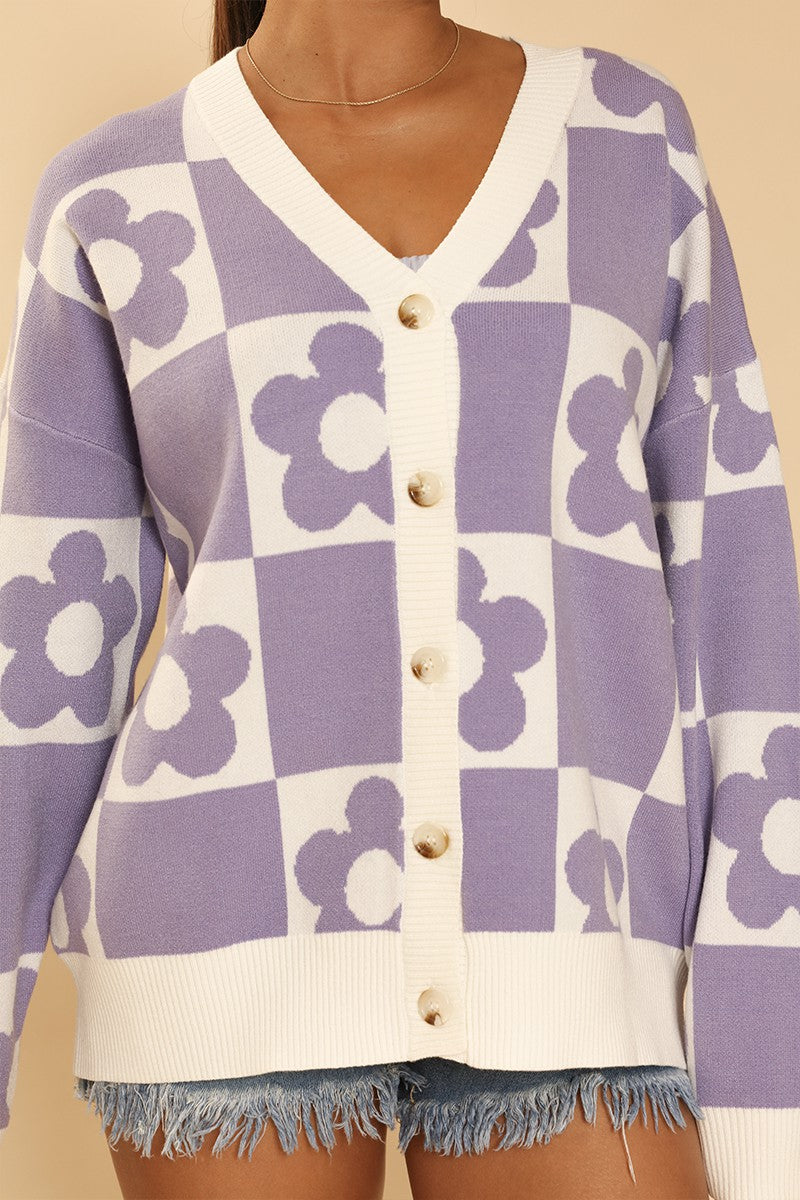 Lavendar Checkered Flower Cardigan