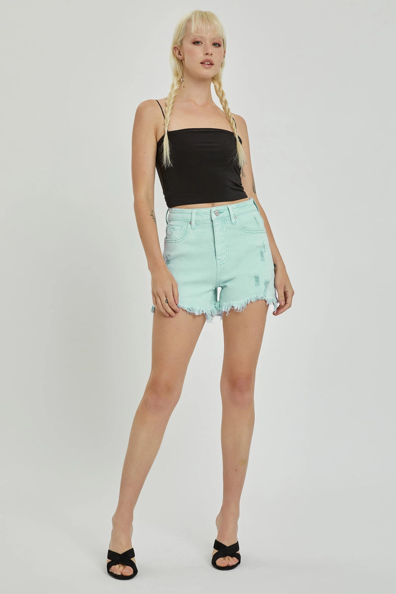 Risen Mint Distressed Denim Shorts