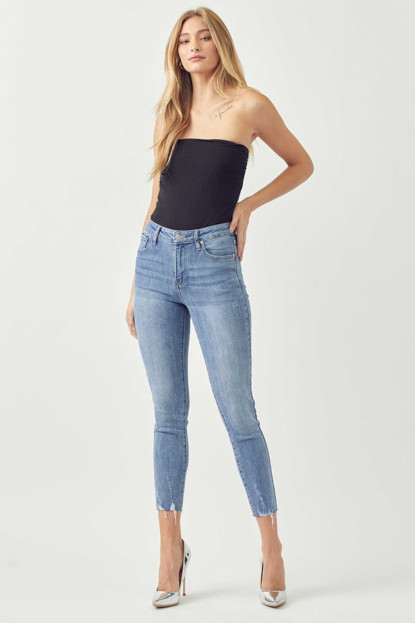 Risen Mid Rise Raw Hem Skinny Jeans