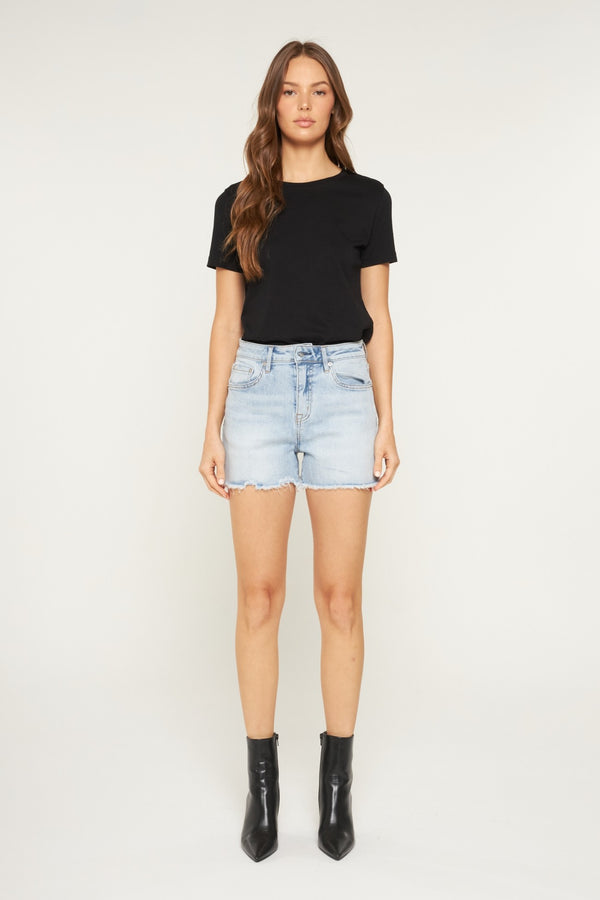 Mica Light Wash Frayed Hem Shorts