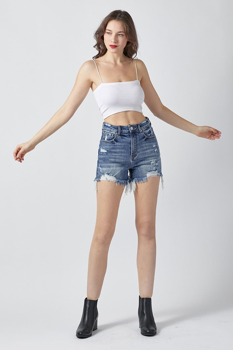 Risen Medium Wash Denim Shorts